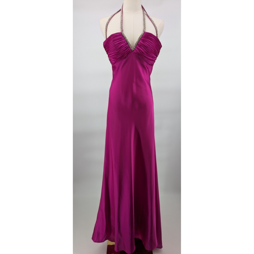 Morgan & Co Prom Dress 5 6 Hot Pink Rhinestone Halter Ruched Vintage Y2K 90 FLAW